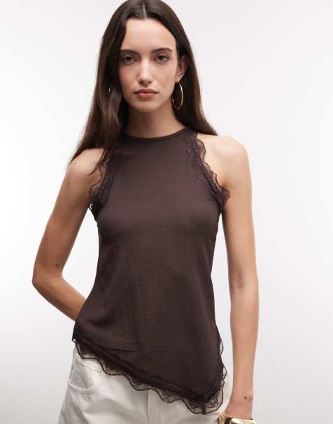 River Island - Top texturé à encolure américaine et bords en dentelle - Marron foncé - view 1