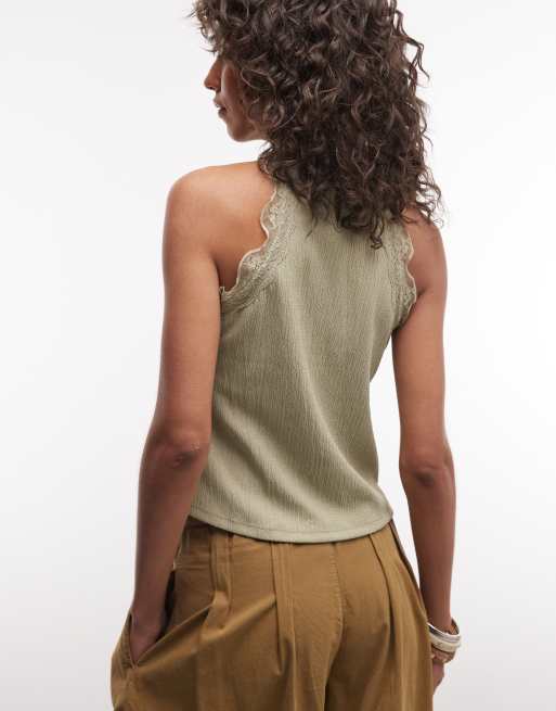 River Island - Top texturé à encolure américaine et bords en dentelle - Vert, 4 de 4