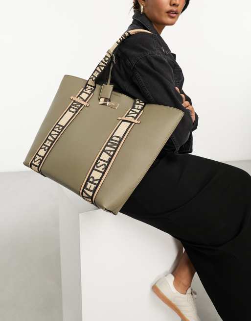 River Island – Torba typu shopper w kolorze khaki z paskami z monogramem