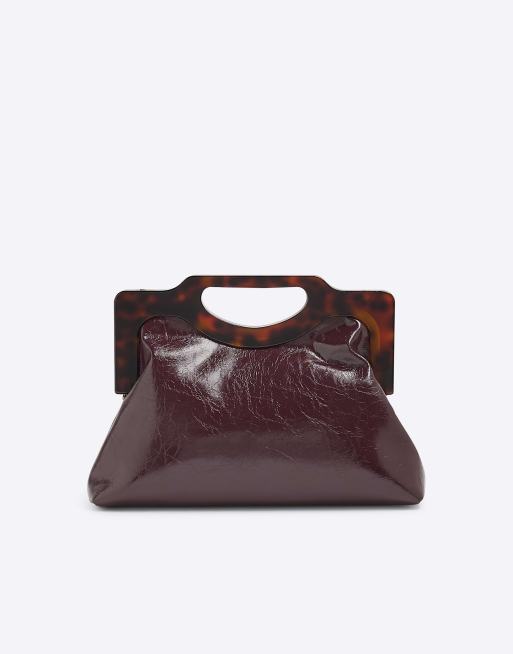 River Island Tortoiseshell handle clutch bag in burgundy
