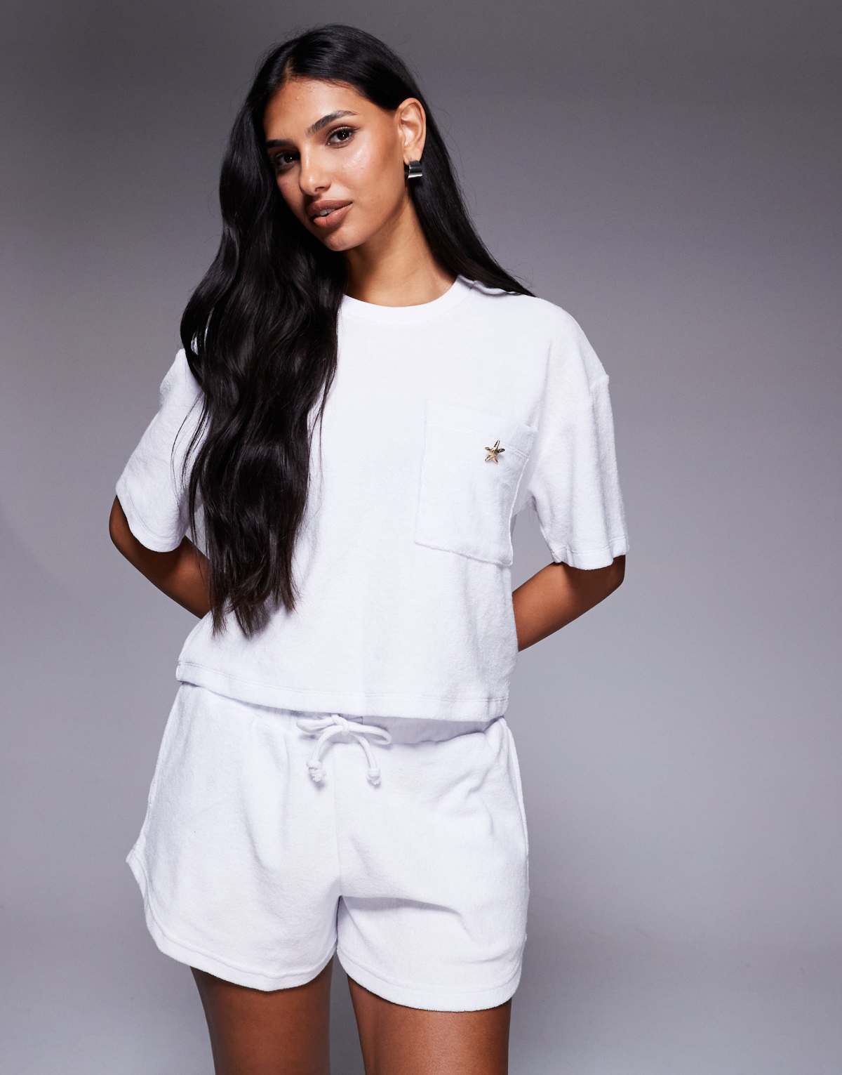 River Island towelling starfish detail t-shirt co-ord in white