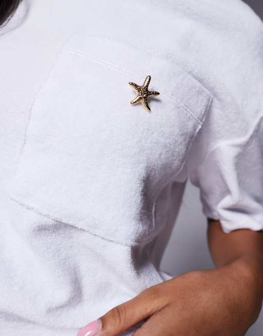 River Island towelling starfish detail t-shirt co-ord in white, 3 of 4
