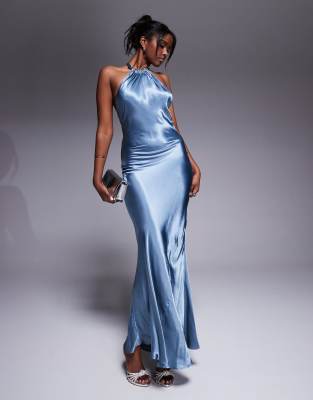 River Island - Träger-Maxikleid in Blau mit Neckholder