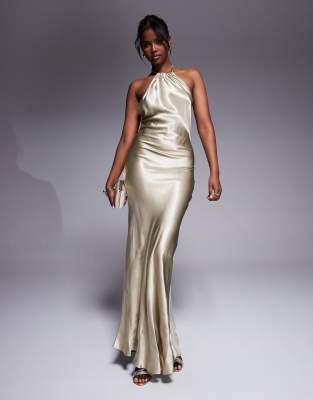 River Island - Träger-Maxikleid in Gold mit Neckholder-Goldfarben