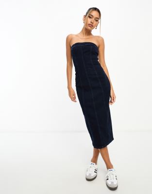 River Island - Trägerloses Midi-Jeanskleid aus dunklem Denim-Blau