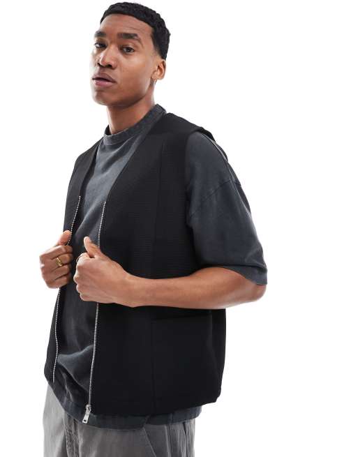 River Island – Trägershirt in Schwarz mit Waffelstruktur
