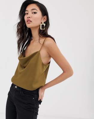 River Island cami top with cowl neck in khaki-Green Green