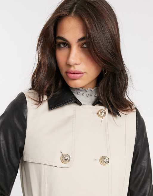 River Island trench coat with faux leather sleeves in beige