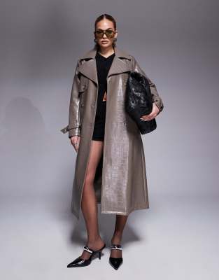 River Island - Trenchcoat aus Kunstleder in dunklem Steingrau mit Kroko-Optik-Neutral