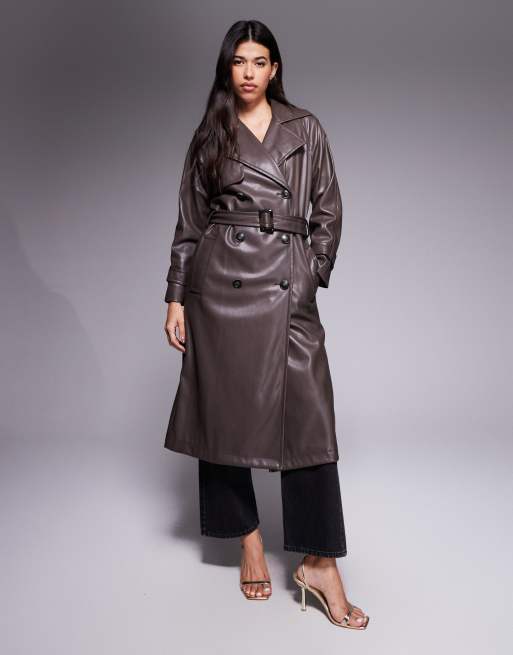River Island - Trenchcoat van PU-imitatieleer in donkerbruin