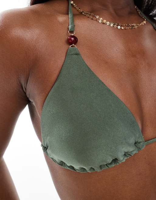 River Island triangle beaded bikini top in khaki, 3 of 4