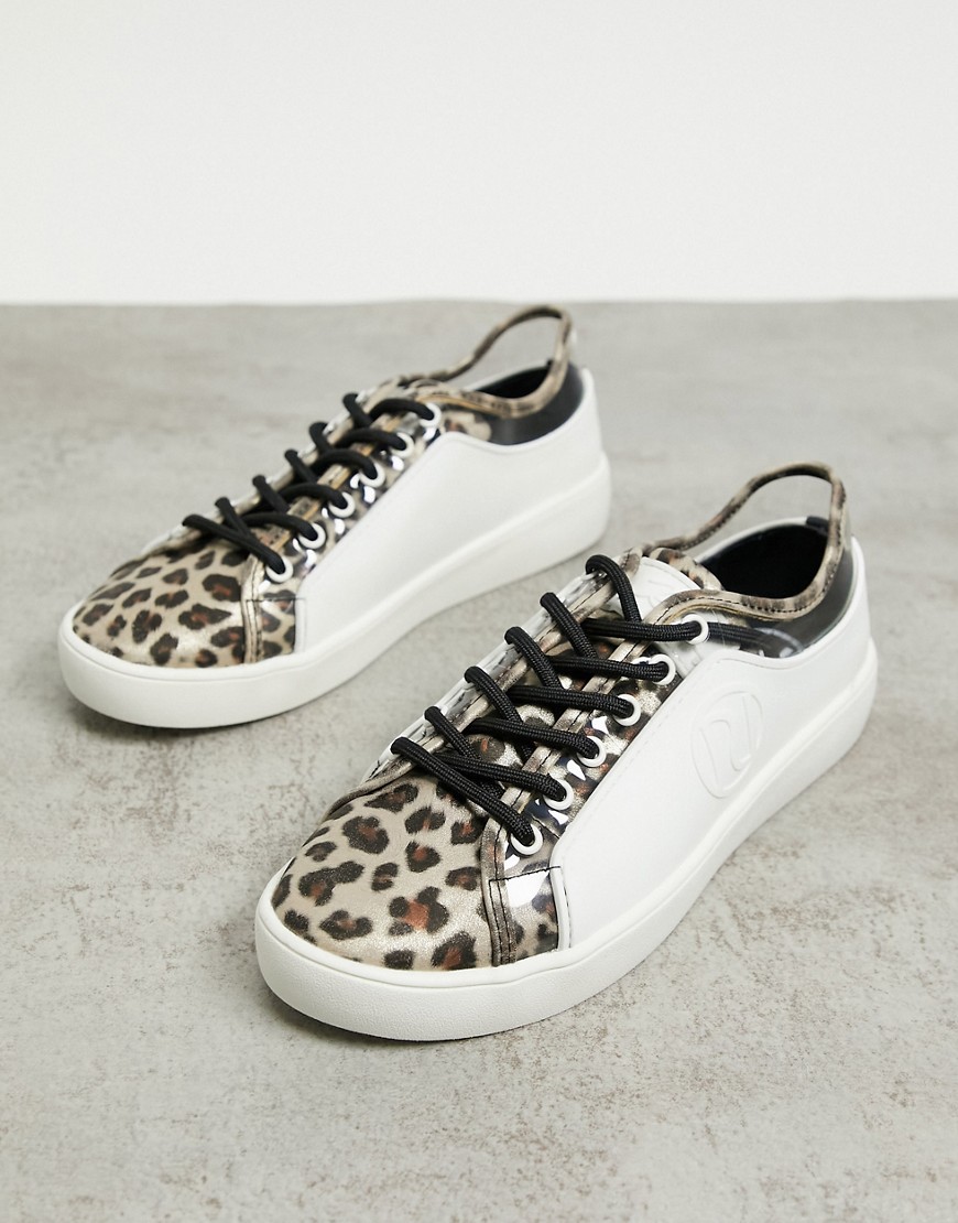 River Island triangle stud leopard print sneakers in white