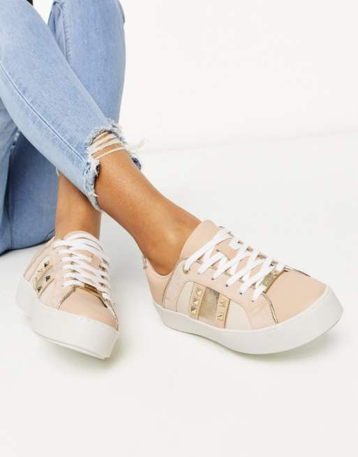 River Island triangle stud trainers in beige | ASOS