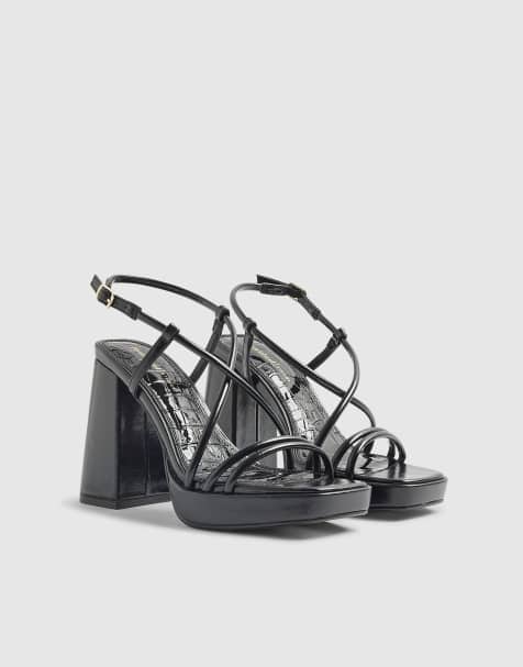 River Island Triple strap platform heeled sandals in black - view 1