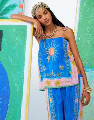River Island Tropical Print Cami Top In Blue