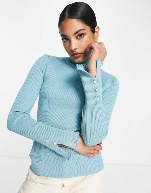 River Island - Trui met uitlopende mouwen met ruches en pareltjes in aqua