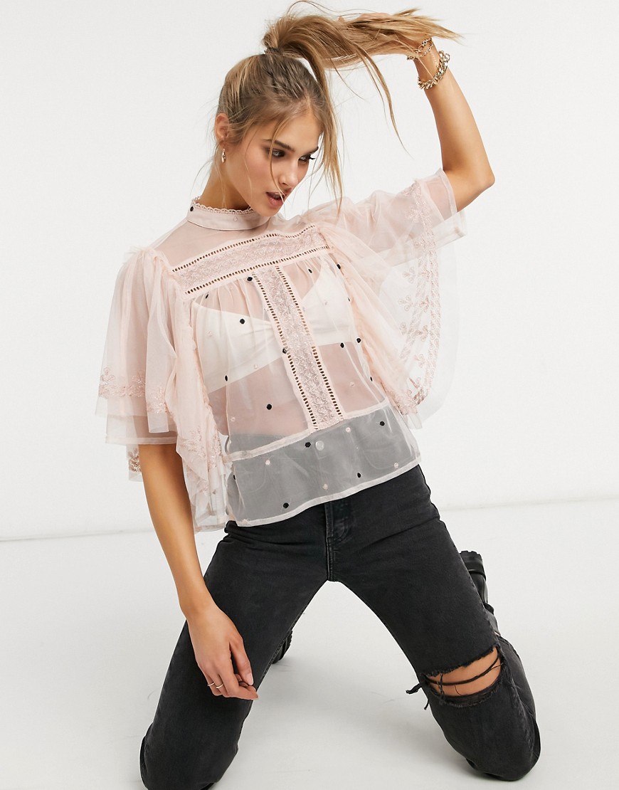 River Island tulle frill embroidered blouse in pink