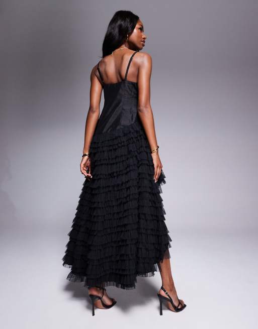 River Island tulle ruffle midi dress in black, 2 of 4