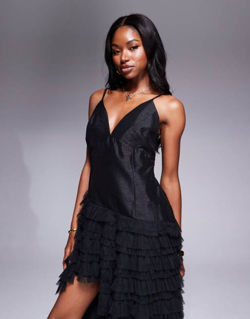 River Island tulle ruffle midi dress in black, 3 of 4