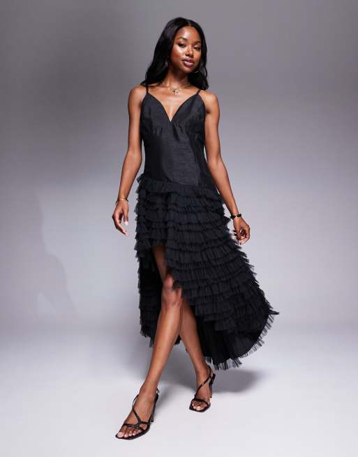 River Island tulle ruffle midi dress in black, 4 of 4