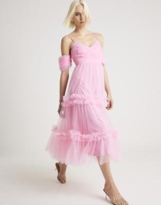 river island midi dress with ruffle detail in pink floral Pink Premium Plisse Floral Midi Dress