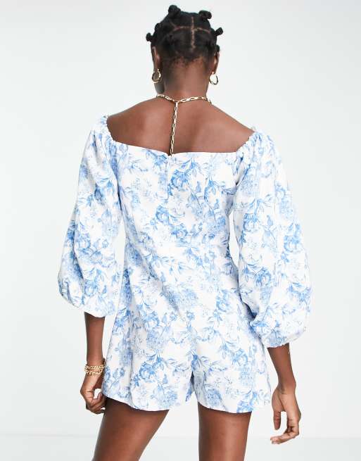 River Island - Tuta corta con maniche a sbuffo a fiori azzurra, 2 di 4