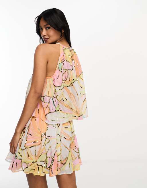 River Island - Tuta corta decorata arancione a fiori con volant, 4 di 4