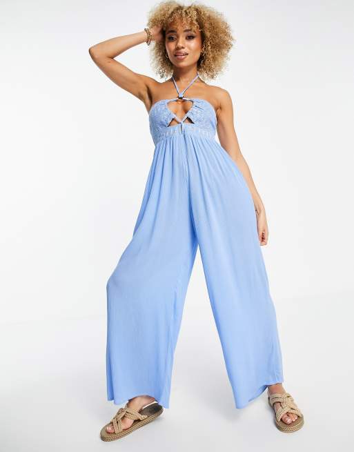 River Island - Tuta jumpsuit da mare azzurra allacciata al collo a fondo ampio, 3 di 4