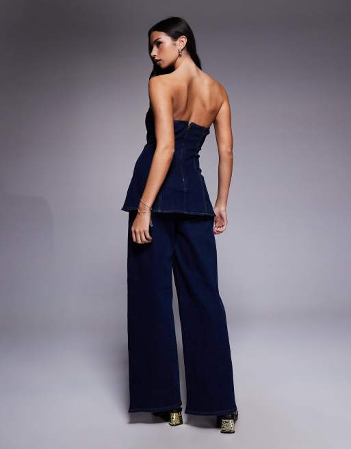 River Island - Tuta jumpsuit in denim scuro con bottoni a fiore , 3 di 4