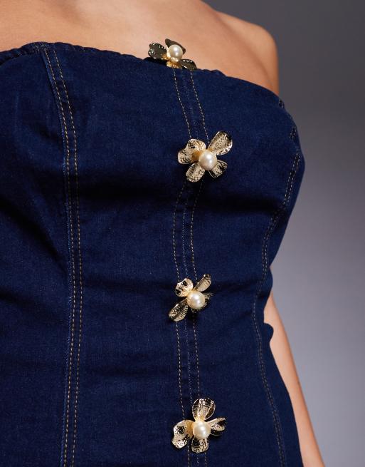 River Island - Tuta jumpsuit in denim scuro con bottoni a fiore , 4 di 4