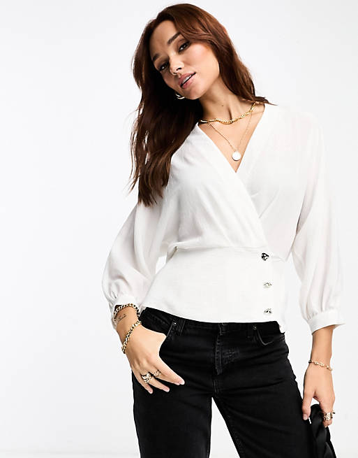 River Island tux style wrap blouse in white | ASOS