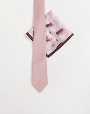 River Island twill tie and floral pocket square set in pink