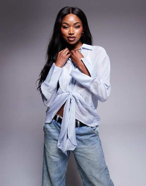 River Island twist front button up shirt in blue - view 1