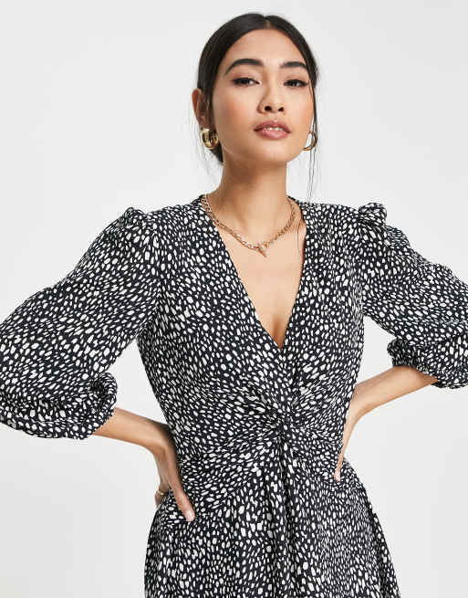River Island twist front dotted mini smock dress in black, 3 of 4