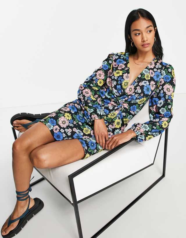 River Island twist front floral mini dress in black