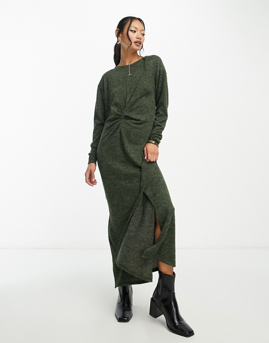 River Island twist front long sleeve midi dress in khaki-Green