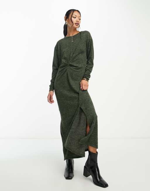 River Island twist front long sleeve midi dress in khaki | ASOS