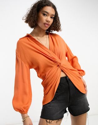 River Island twist front shirt in orange