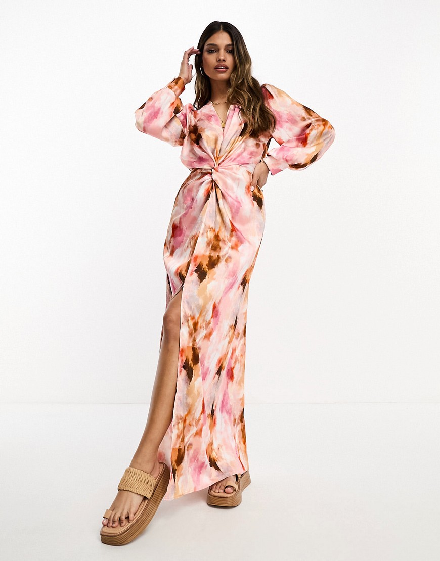 River Island twist front watercolor print maxi dress in pink