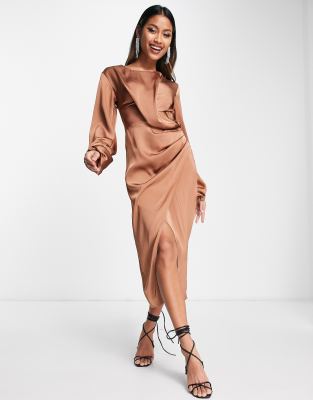 River Island twist midi dress in bronze - ASOS Price Checker