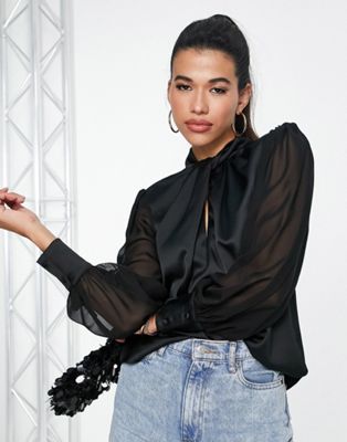 River Island twist neck blouse with split cuff in black | ASOS