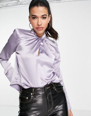 River Island twist neck blouse with split cuff in silver | ASOS