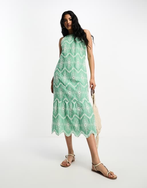 River Island two tone broderie midi dress in green | ASOS