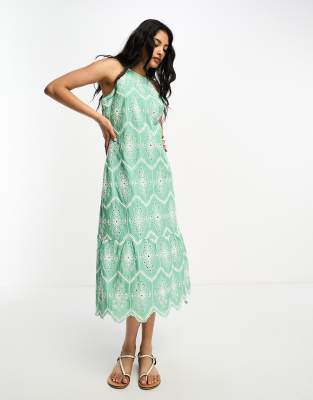 RIVER ISLAND TWO TONE EYELET MIDI DRESS IN GREEN