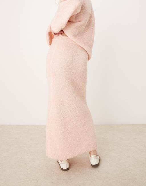 River Island ultra fluffy knitted maxi skirt in light pink - part of a set