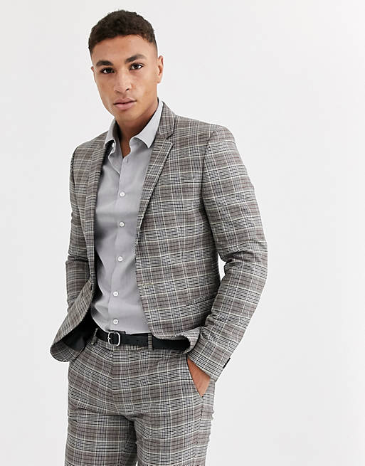 Suits River Island ultra skinny suit jacket in brown check 