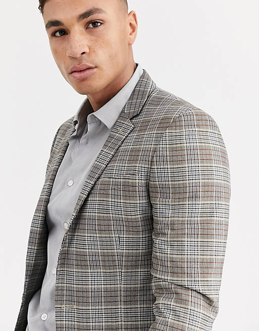 Suits River Island ultra skinny suit jacket in brown check 