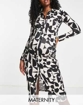River Island – Umstandsmode – Midi-Hemdkleid in Schwarz mit geometrischem Muster