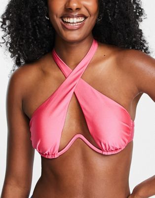 River Island underwire halter wrap bikini top in bright pink