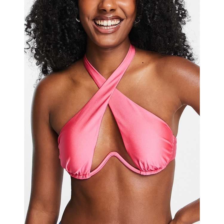 River Island underwire halter wrap bikini top in bright pink | ASOS